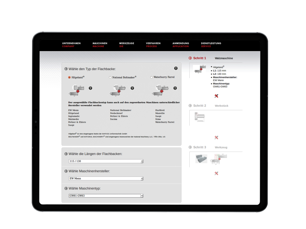 Technischer Produktkonfigurator für individuell konfigurierte Flachbacken