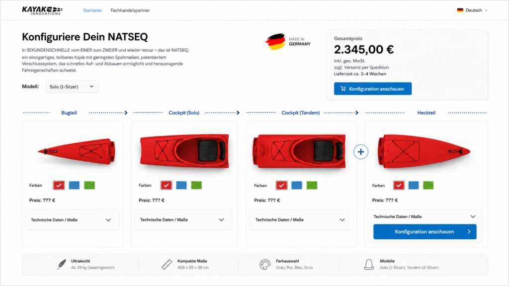 Online-Produktkonfigurator zur individuellen Zusammenstellung eines Kajaks