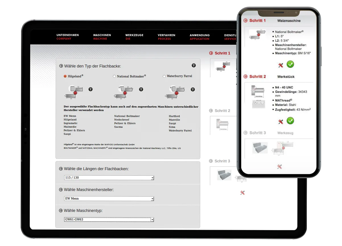 Konfigurator für Walzwerkzeuge auf Tablet und Smartphone: Werkzeugdaten, Material- und Einlaufauswahl, Schritt-für-Schritt-Ansicht