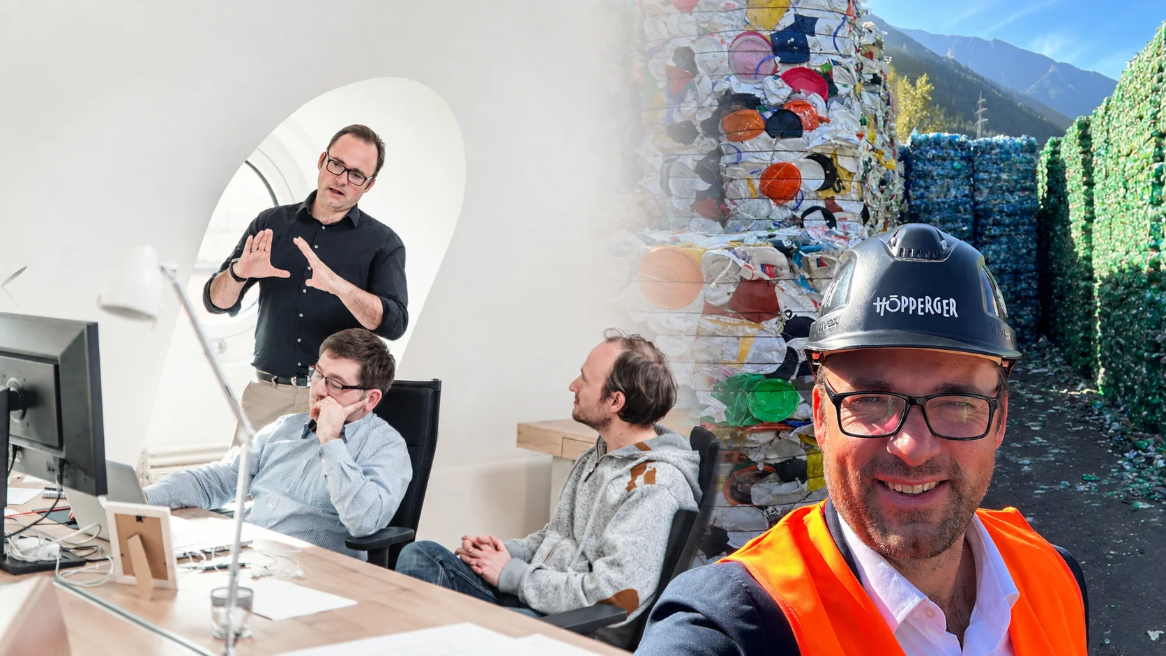 Bildpaar: links ein Beratungsgespräch am Schreibtisch in einem Büro, rechts derselbe Berater mit Schutzhelm und Warnweste vor dem Wertstofflager eines Recyclingbetriebs